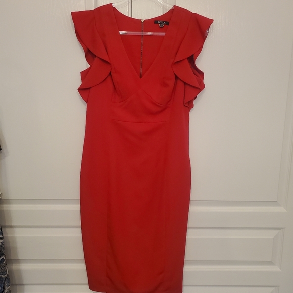 XOXO Dresses & Skirts - XOXO Red V-Neck Sheath Dress, flutter sleeves, Size 11/12